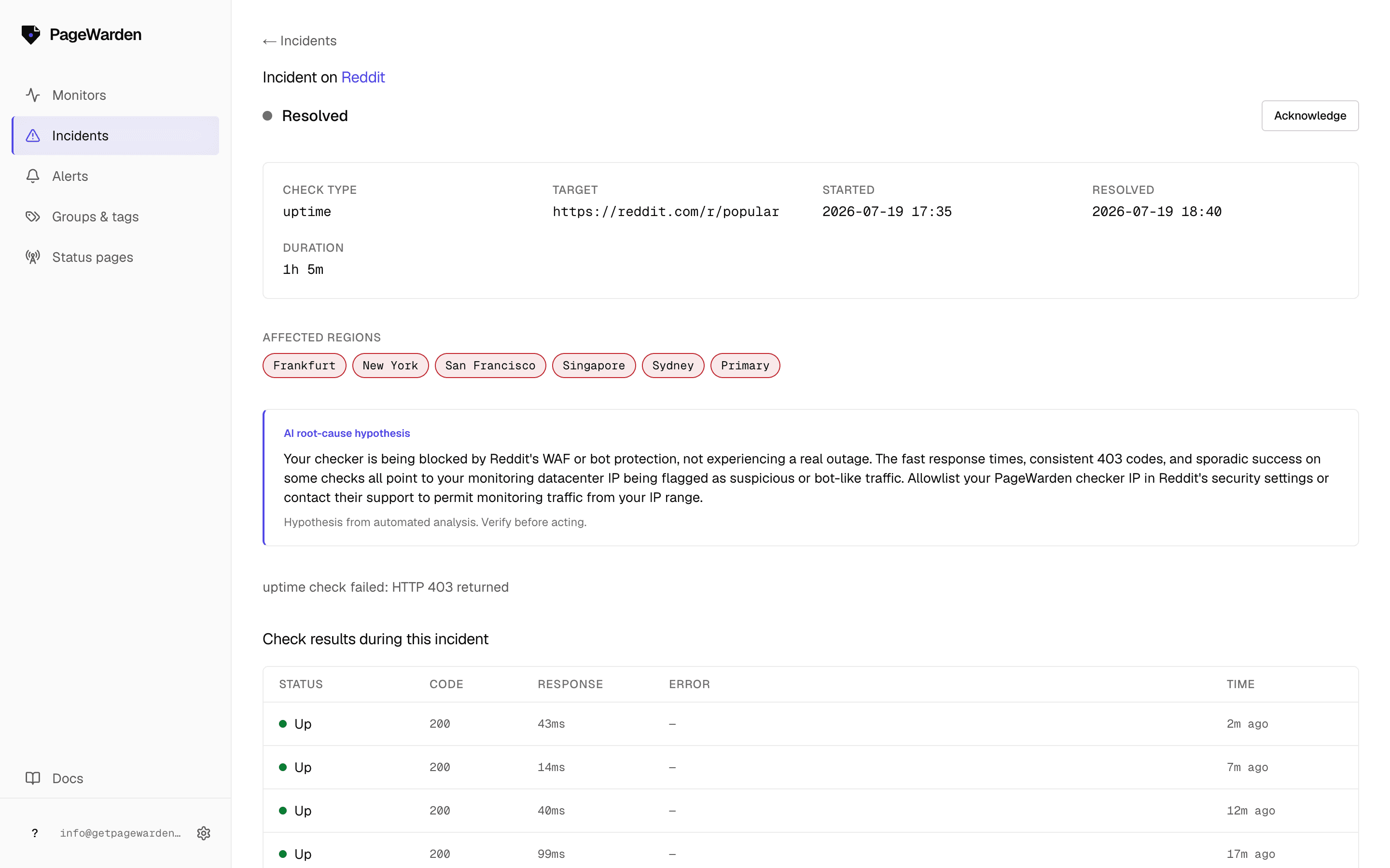 PageWarden incident detail showing an ongoing outage with the affected regions, an AI root-cause hypothesis, and the recent check results that failed.